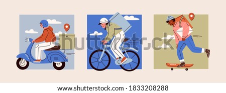 Delivery man riding bicycle, Scooter, Skateboard. Takeaway Food or Parcel delivery service concept. Set of three characters. Hand drawn square trendy Vector illustrations. Every Courier is isolated