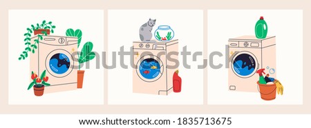 Set of three various Hand drawn Washing Machines. Laundry concept. Trendy Vector illustrations. Cartoon style. All elements are isolated