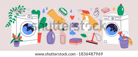 Set of various Hand drawn Washing Machines and Various Cleaning items. Laundry, Housework concept. Trendy Vector illustrations. Cartoon style. All elements are isolated