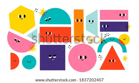 Set of Various bright basic Geometric Figures with face emotions. Different shapes. Hand drawn trendy Vector illustration for kids. Cute funny characters. All elements are isolated