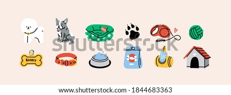 Various Dog Supplies and Equipment. Food, toys, home, collar, leash, tag, bone. Pet shop or store concept. Hand drawn colorful icons. Trendy Vector illustration. All elements are isolated Stockfoto © 