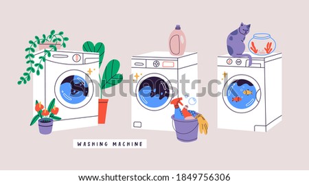 Set of three various Hand drawn Washing Machines. Cat, flowers, gold fish. Laundry concept. Trendy Vector illustrations. Cartoon style. All elements are isolated