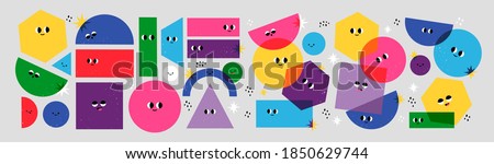 Big Set of Various bright basic Geometric Figures with face emotions. Different shapes. Hand drawn trendy Vector illustration for kids. Cute funny characters. All elements are isolated