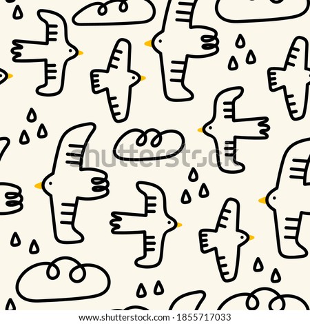 Hand drawn Birds with yellow beaks. Clouds, raindrops. Doodle ink style. Trendy Vector illustration. Square Seamless pattern. Background, Wallpaper, wrapping paper