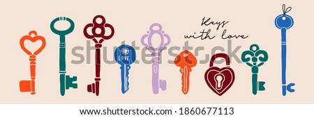 Hand drawn colored Vector Keys. Various vintage, antique and modern Keys with ornate heads. Different types, sizes. All elements are isolated