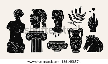 Various Antique statues, branch, amphora, column. Mythical, ancient greek or roman style. Hand drawn Vector illustrations. Stamp texture. Classic statues in modern style. All elements are isolated