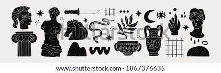 Various Antique statues, branch, amphora, column. Different objects. Mythical, ancient greek or roman style. Hand drawn Vector illustration. Classic statues in modern style. All elements are isolated