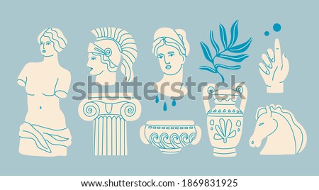 Various Antique statues. Heads of woman, knight, horse. Branch, amphora, hand. Mythical, ancient greek style. Hand drawn Vector illustration. Classic statues in modern style. All elements are isolated