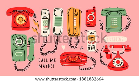 Set of Various classic and modern telephones. Wire, cell and mobile  phones. Retro vintage style icons. Hand drawn Vector illustration. All elements are isolated