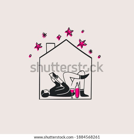 Person isolated in the tiny house. Character lying on back and reading the book with wine. Stay at home concept. Hand drawn trendy Vector illustration. Sketchy doodle style. Poster template