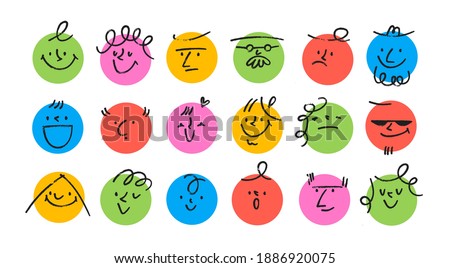 Round abstract comic Faces with various Emotions. Crayon drawing style. Different colorful characters. Cartoon style. Flat design. Hand drawn trendy Vector illustration. Every face is isolated