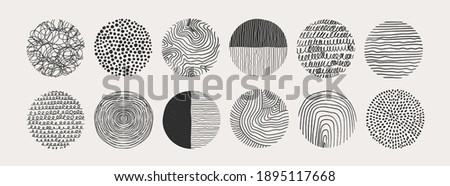 Big Set of round Abstract black Backgrounds or Patterns. Hand drawn doodle shapes. Spots, drops, curves, Lines. Contemporary modern trendy Vector illustration. Posters, Social media Icons templates