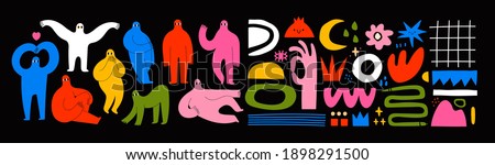 Set of Hand drawn various Shapes and Doodle objects and People silhouettes. Abstract contemporary modern trendy Vector illustrations. Colorful palette. All elements are isolated