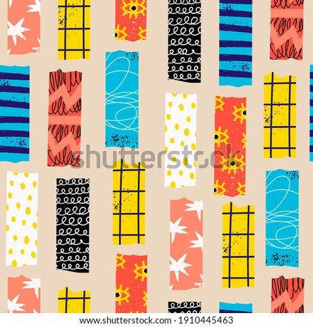Washi Tape. Various colorful strips. Different textures. Set of colored patterned tapes. Collection of decorative scotch tape. Hand drawn Vector seamless Pattern. Square background
