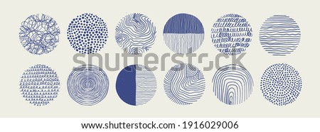 Big Set of round Abstract blue Backgrounds or Patterns. Hand drawn doodle shapes. Spots, drops, curves, Lines. Contemporary modern trendy Vector illustration. Poster, Social media Icons template