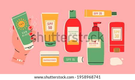 Sunscreen Moisturizer, Lotion, lipstick, sunscreen, various bottles, spray and tubes. Sunblock, skin protection and UV rays blocking concept. Hand drawn Vector illustrations. All elements are isolated