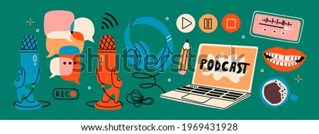 Headphones, microphone, laptop, equalizer, speech bubbles. Podcast recording and listening, broadcasting, online radio, audio streaming service Concept. Hand drawn Vector set. Isolated elements