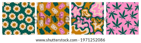 Gummy and Jelly Bears, Flowers, Abstract shapes, cannabis. Hand drawn Vector illustrations. Cartoon style. Set of four Seamless Patterns. Backgrounds, Wallpapers. Print templates