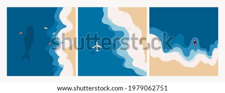 Aerial view of ocean waves reaching the coastline. Beach, sand, sea shore with blue waves. Top view overhead seaside. Hand drawn Vector illustrations. Set of three isolated cards