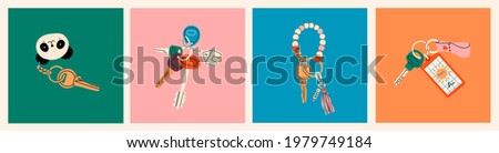 Set of various Keys with different Keychains. Keyholders and keyrings collection. Modern keys with pendants. Hand drawn Vector illustrations. Home rental, property, real estate concept. Isolated icons
