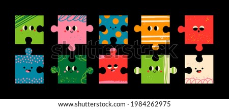 Abstract Puzzle creatures with Faces. Various Emotions. Different colored characters. Bright textures. Cartoon style. Flat design. Hand drawn trendy Vector illustration. Every face is isolated