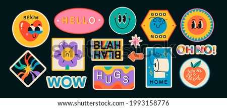 Set of Various Patches, pins, stamps or Stickers. Abstract funny cute comic Characters. Different Phrases and words. Hand drawn trendy Vector illustrations. Cartoon style. All elements are isolated.