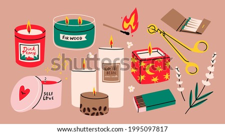 Various Candles. Different shapes and sizes. Pillar, jar candle, square, container candle, multi wick. Decorative wax candles for relax and spa. Matches, candle snuffer. Hand drawn trendy Vector set