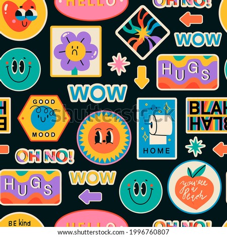 Various Patches, Pins, Stamps, Stickers. Funny cute comic Characters. Different Phrases and words. Hand drawn trendy Vector illustration. Cartoon style. Abstract square seamless Pattern, wallpaper