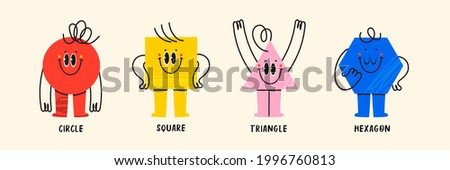 Set of Various bright basic Geometric Figures with face emotions, hands and legs. Different shapes. Hand drawn trendy Vector illustration for kids. Cute funny characters. All elements are isolated Foto d'archivio © 