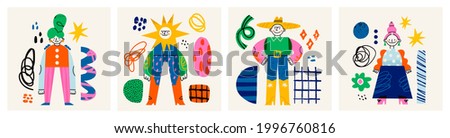 Abstract people and various doodle shapes. Cute disproportionate characters, spots, drops, curves. Different textures. Hand drawn Vector illustration. Set of four isolated cards or posters