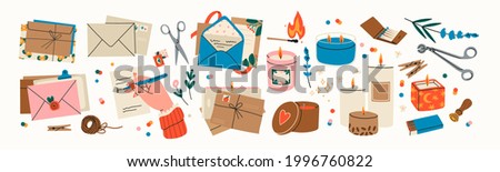 Various Envelopes with mail, postmarks, Postcards. Sealing wax, handmade cards. Decorative wax candles for relax and spa. Matches, candle snuffer. Hand drawn big Vector set. All elements are isolated