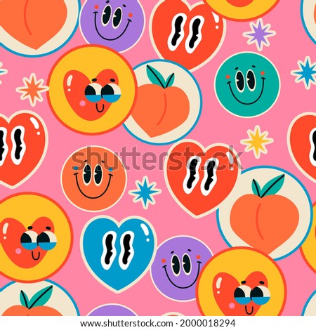 Various Patches, Pins, Stamps, Stickers. Funny cute comic Characters. Hearts, smiles, peaches. Hand drawn trendy Vector illustration. Cartoon style. Abstract square seamless Pattern, wallpaper