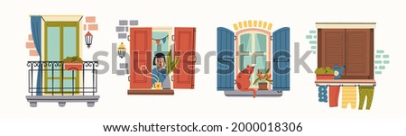 Various Windows. Closed wooden shutters, flowers, clothes dryer, balcony, lady, cat on windowsill. House Exterior. Hand drawn colored Vector illustrations. All elements are isolated