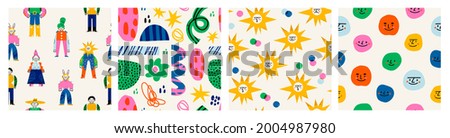 Abstract characters, various bright doodle shapes. Disproportionate faces. Different figures. Set of three Hand drawn Vector seamless Patterns. Background, wallpaper, Wrapping, textile template