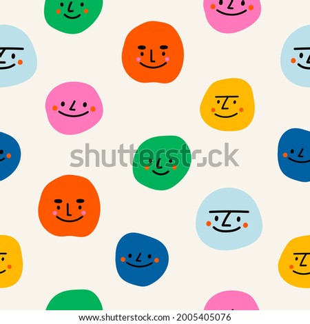 Round abstract comic Faces with various emotions. Kids drawing style. Different colorful characters. Cartoon style. Flat design. Hand drawn trendy Vector illustration. Square seamless pattern