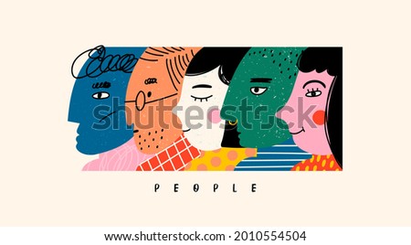 Various faces. Unusual characters in a row. Abstract people portraits. View from side. Collage of different profiles. Hand drawn colored trendy Vector illustration. Poster, print or banner template