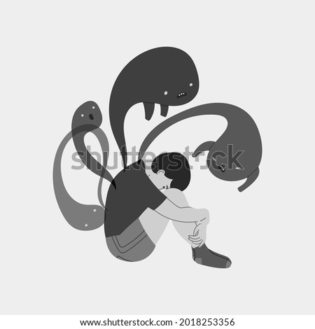 Person sitting with his inner demons. Mental disorder concept. Illness, phobia, impairment, psychiatric or psychological problem. Cartoon style. Flat design. Hand drawn Vector illustration