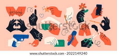 Big set of Colorful Hands holding stuff. Different gestures. Hands with cup, magic wand, banner, money, wine glass, microphone, star, etc. Hand drawn Vector illustration. All elements are isolated