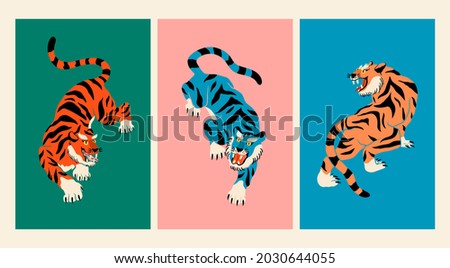 Abstract Tigers. Tiger walk. Japanese or Chinese oriental style. Set of three Hand drawn colored Vector illustrations. Print, logo, poster template, tattoo idea. Symbol of 2022 new year