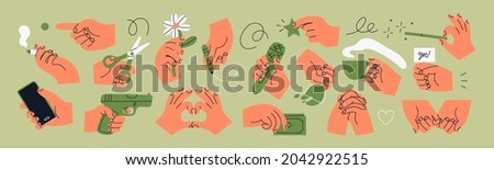 Big set of Colorful Hands holding stuff. Different gestures. Hands with scissors, pen, money, wine glass, phone, cigarette, flower, cup. Hand drawn Vector illustration. All elements are isolated