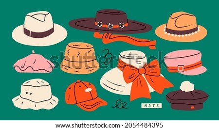 Set of various Hats for different seasons. Different colors and styles. Elegant broad brimmed hat, fedora, panama, gaucho, cap, beret. Fashion headwear concept. Hand drawn trendy Vector illustration