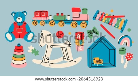 Various isolated Toys for kids. Wooden train, rocking horse, teddy bear, toy cubes, xylophone, pyramid, doll house. Childhood, children games, preschool activities concept. Hand drawn Vector set