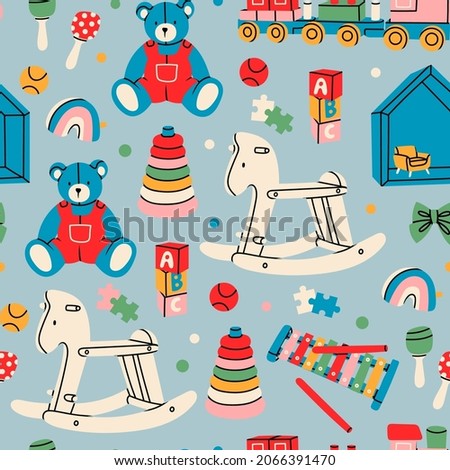 Various Toys for kids. Wooden train, rocking horse, teddy bear, toy cubes, xylophone, pyramid, doll house. Children games, preschool activities concept. Hand drawn Vector seamless Pattern