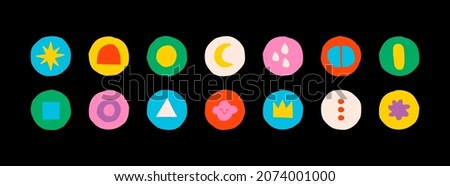 Set of Vector highlight covers. Abstract backgrounds. Various shapes, circles, simple objects, doodles. Cartoon style. Hand drawn templates. Round icons for social media stories. Perfect for bloggers