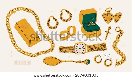 Big Golden set. Precious jewelry concept. Gold bar, earrings, heart shaped locket, engagement wedding rings, wrist watch, golden chain, bracelet, cross, spoon. Hand drawn modern Vector illustration