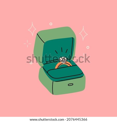 Wedding ring in the green velvet gift box. Engagement golden ring with large shiny diamond. Love, proposal, wedding, valentine's day concept. Cartoon style. Hand drawn modern Vector illustration