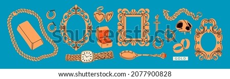 Big Golden set. Precious jewelry concept. Gold bar, earrings, heart shaped locket, frame, skull, wedding rings, wrist watch, golden chain, bracelet, cross, spoon. Hand drawn modern Vector illustration