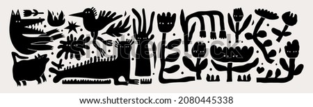 Various strange creatures. Abstract imaginary monsters. Fictional animals and flowers. Cute disproportionate characters. Black trendy Vector set. Hand drawn illustration. All elements are isolated