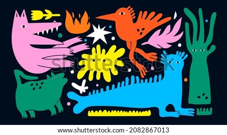 Various strange creatures. Abstract imaginary monsters. Fictional, fantastic animals. Cute disproportionate characters. Colorful trendy Vector set. Hand drawn illustration. All elements are isolated