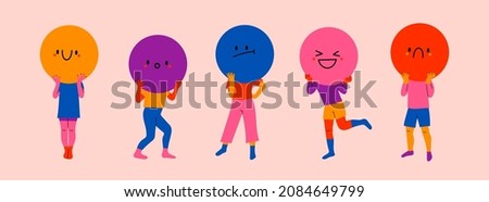 Playful people holding large circles with faces instead of heads. Big round colorful heads with various Emotions. Different mood concept. Hand drawn Vector illustration. Every person is isolated 商業照片 © 